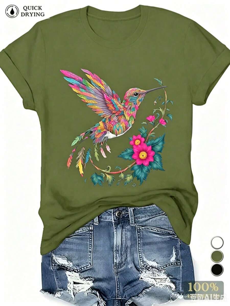 Women's Casual Green Short Sleeve Hummingbird Floral Print Cotton T-Shirt, Round Neck Tee Top For Everyday Boho Style - 軍綠色 - 查看 1