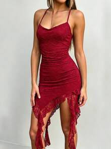 Elegant Retro Burgundy Lace Spaghetti Strap Mini Dress, Cowl Neck Side Ruched Asymmetric Ruffle Hem Slim Bodycon Party Dress - Red - View 5