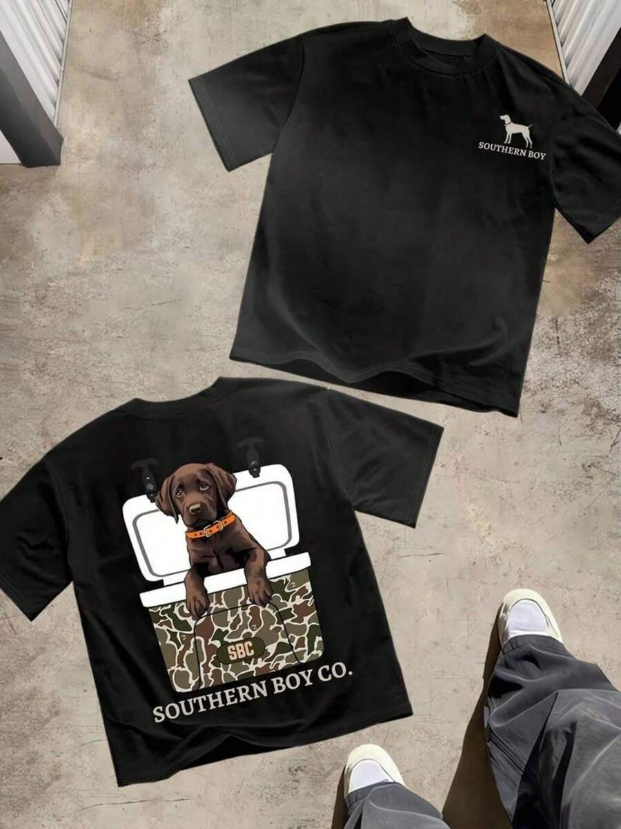 Camiseta de hombre con estampado de Perro Camuflado, de doble cara, suave y transpirable para otoño e invierno, estilo juvenil Y2K, ropa casual, para celebraciones y fiestas, ropa de vacac - Negro - Ver 1