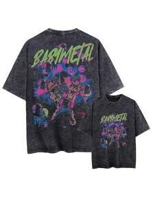Unisex Vintage Black Distressed Short-Sleeved T-Shirt With Graphic Designs For Men And Women, Inspired By The Band Babymetal. This Washed T-Shirt Features Babymetal From Japan. PDXQ - 黑色 - 查看 1