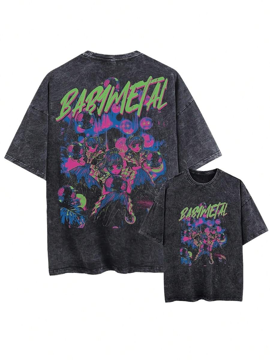 Unisex Vintage Black Distressed Short-Sleeved T-Shirt With Graphic Designs For Men And Women, Inspired By The Band Babymetal. This Washed T-Shirt Features Babymetal From Japan. PDXQ - 黑色 - 查看 1