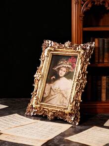 1PC, Rococo Style 3D Pattern Decorative Photo Frame, Resin Material Oak Leaf Pattern Border Decorative Photo Frame, Desktop Ornament Photo Frame, Home Decor Photo Frame, European Style Desktop Decoration, Suitable For Bedside Table Photo Frame, Dressing Table Photo Frame, Wedding Photo Frame And Desktop Decoration - Gold - View 12
