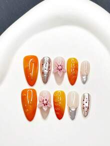 Summer Citrus Press On Nails, Nude To Vibrant Orange Gradient Base With Hand Drawn Line & 3D Pink Flower + Silver Metallic Tip Long Almond Glossy Full Cover Wearable Nails For Vacation Dating Handmade Press On Nails - Orange - View 2