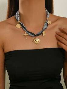 1pc Punk Style Black Cashew Print Silk Scarf With Alloy Cross, Heart, Portrait, Floral Multi- Pendant Decoration Collarbone Chain, Charming Women's Neck Jewelry For Outings, Dates, Street, Party, Daily Wear - Multicolor - View 1