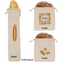 1/2pcs Off-White Linen Drawstring Closure Toast Bag, Reusable French Baguette Bag, Cookie Bag, Picnic Bread Food Storage Bag, Bread Pattern Storage Bag, Multiple Patterns Available - Multicolor - View 11