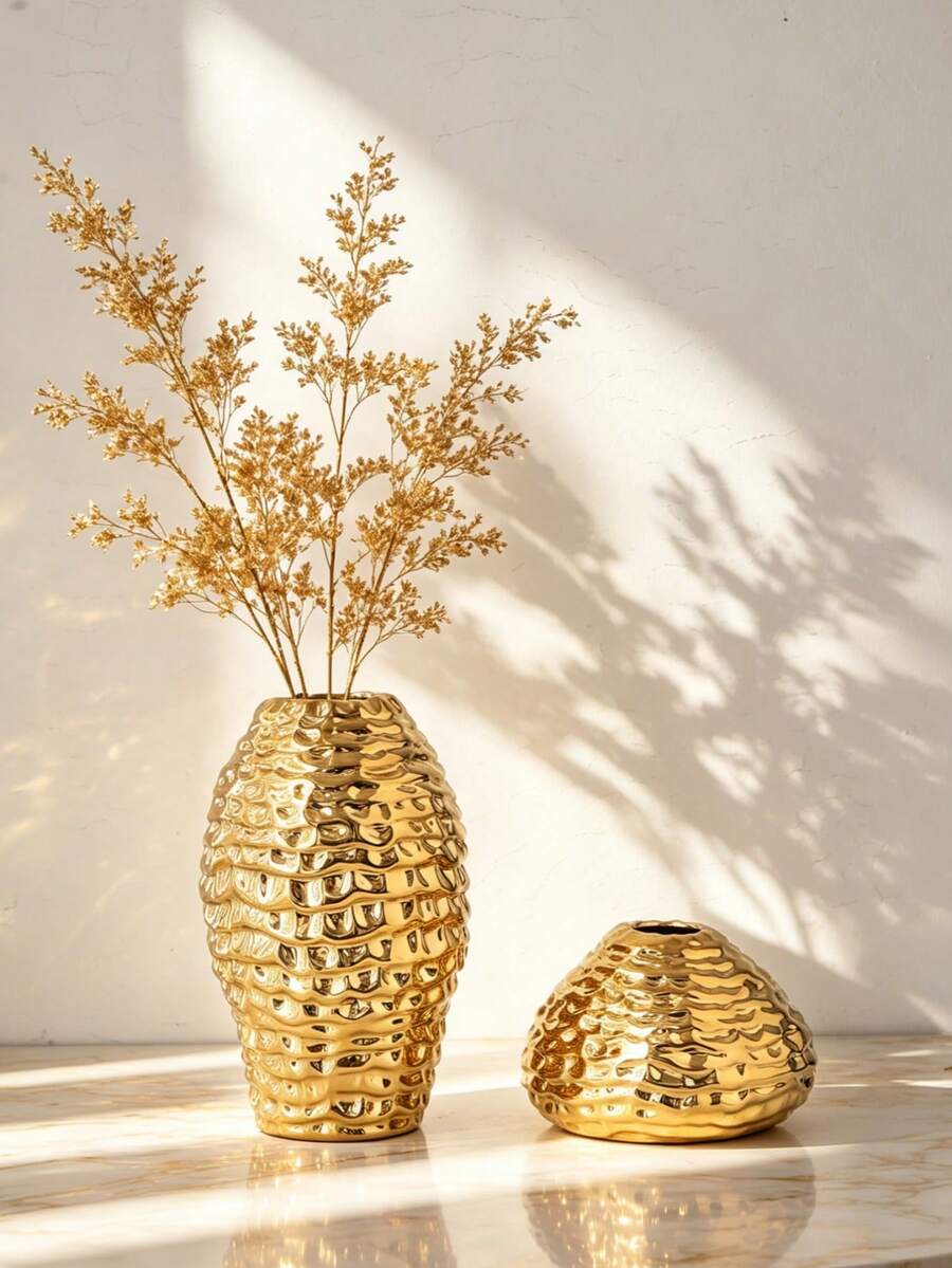 1件裝奢華金邊陶瓷花瓶2件組，高端錘紋花藝插花，客廳玄關桌面裝飾