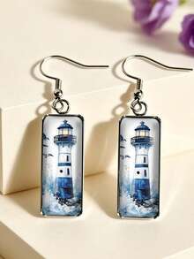 1 Pair Rectangular Ocean Style Pattern Sailboat Earrings Sailboat/Lighthouse/Anchor/Starfish Shell Summer Beach Vacation Earrings - Silver - View 13
