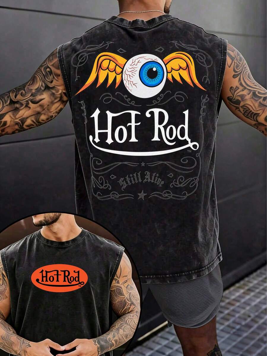 Summer Men Black Washed Vonss Dutchss Streetwear Sleeveless Tank Top With Eye And Wings Graphic Print Y2K Fathers Day Gift - màu đen - Xem 1