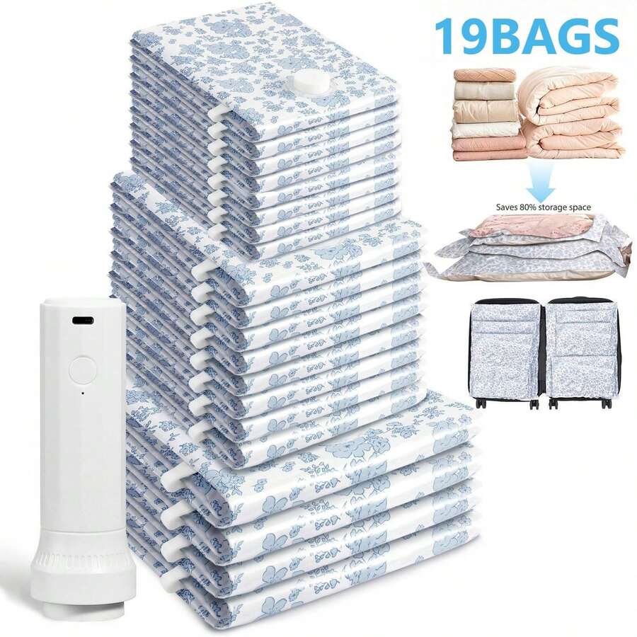 16/20pcs Simple Drawing Vacuum Seal Storage Bags, Space Saver Seal Bags For Clothing, Blankets, Comforters, Pillows, Clothes Storage, Travel Luggage, Space Saver Bags, Compression For Comforters And Blankets, Pillow, Bedding - 20pcs藍色花紋 - 查看 1