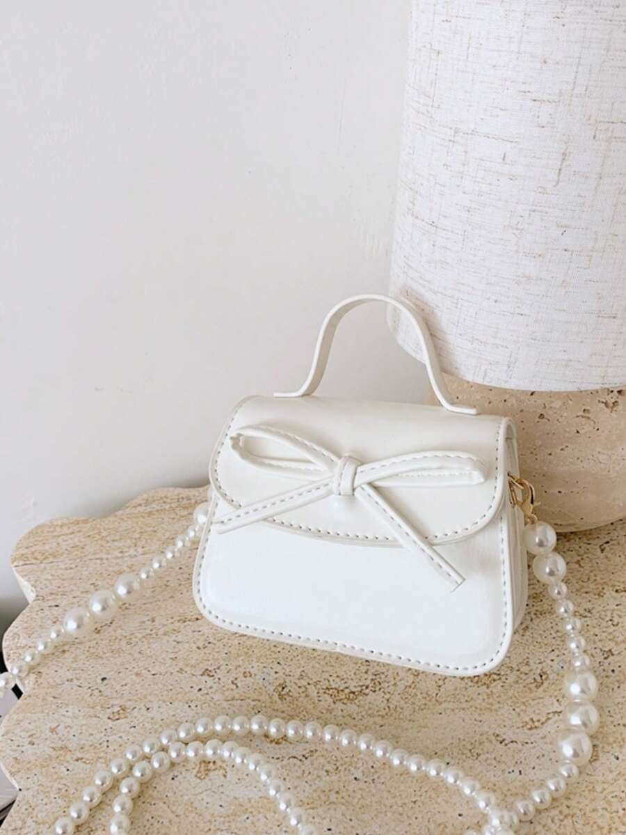 Bowknot Mini Handbag, Pearl Chain Crossbody Bag, Girly Versatile Small Square Bag