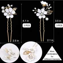 6pcs/Set Bridal Wedding Rhinestone Pearl Flower Alloy Leaf Hair Pin Set - 6-piece White Set - View 4