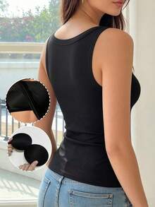 Solid Color U-Neck Ribbed Tank Top With Built-In Pads, Wide Strap Slim Fit Sleeveless Basic Top, Casual Everyday Home Inner Wear Camisole - Black - View 7