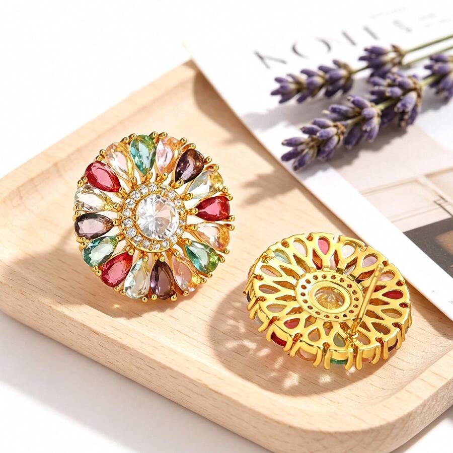 1 Pair Vintage Colorful Zirconia Sunflower Stud Earrings, Vacation, Evening, Daily Wear, Girlfriend Gift Earrings, Luxury Gemstone Earrings, Commute Versatile Earrings - Colored Sunflower Earrings - View 1