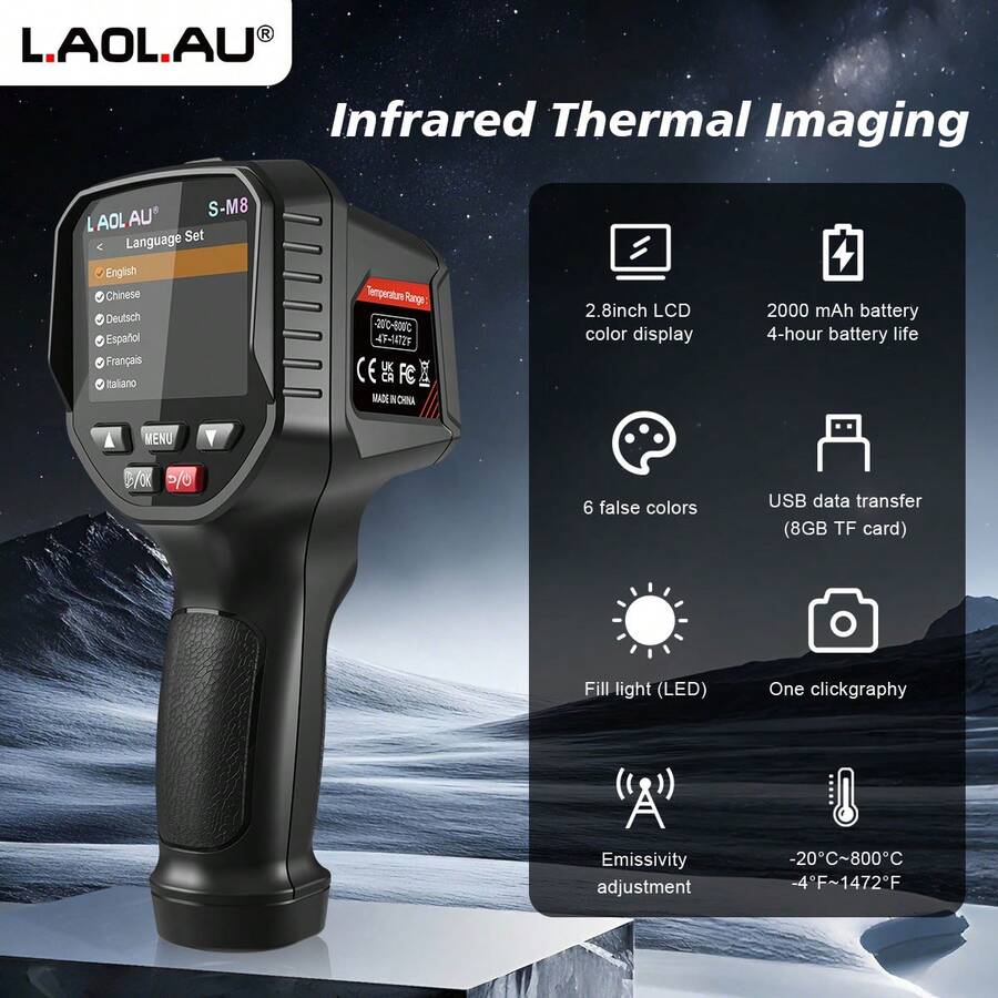 LAOLAU S-M8 Handheld Infrared Thermal Imager, -20℃~800℃, 2.8-Inch 240*320 LCD, 6 Color Palettes, 6 Languages, LED Light, Temperature Alarm, Adjustable Emissivity, 2000mAh Battery, USB+8GB TF Card, Suitable For Circuit, Pipe, Industrial And HVAC Temperature Detection - Black - View 1