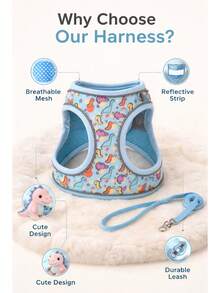 Cute Dinosaur Print Pet Harness And Leash Set, Adjustable Easy-To-Wear Cartoon Harness, Suitable For Small Dogs And Cats. Perfect For Daily Walks, Outdoor Trips And Photos, Fashionable Ins Style Pet Accessories, Perfect Gift For Pet Lovers. - Blue - View 7