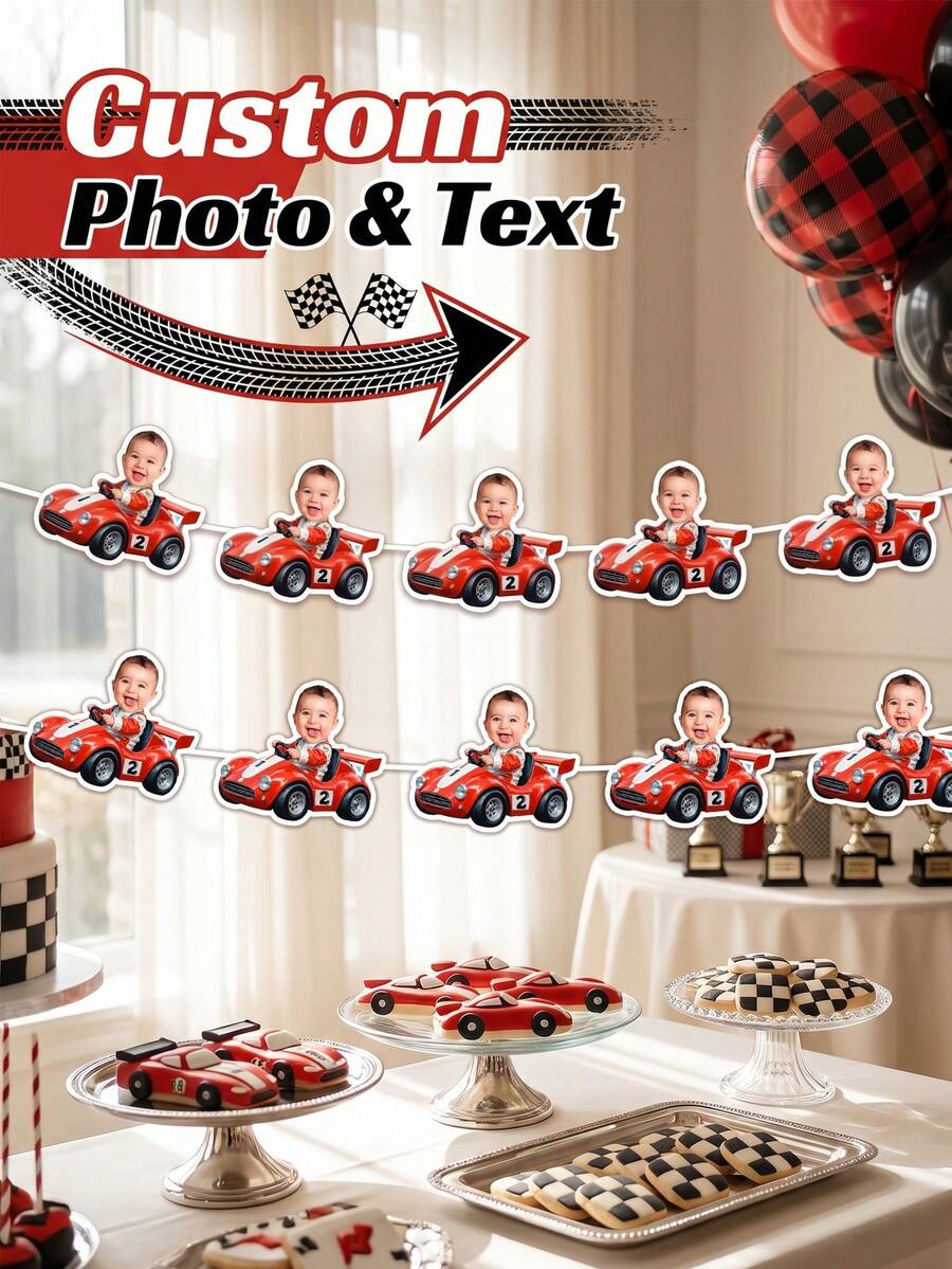 8/16/24pcs Custom Red Race Car Face Bunting Banner,Personalized First Birthday Garland,Boys Race Car Backdrop,/Gender Reveal Party Decor, Checkered Flag, Fast One - Multicolor - View 1