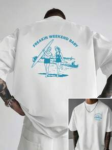 Camiseta de hombre con hombros caídos, adecuada para el surf de fin de semana y las vacaciones en la playa, con un diseño de estampado único, camiseta de hombre de corte holgado, ropa de hom - Blanco - Ver 1