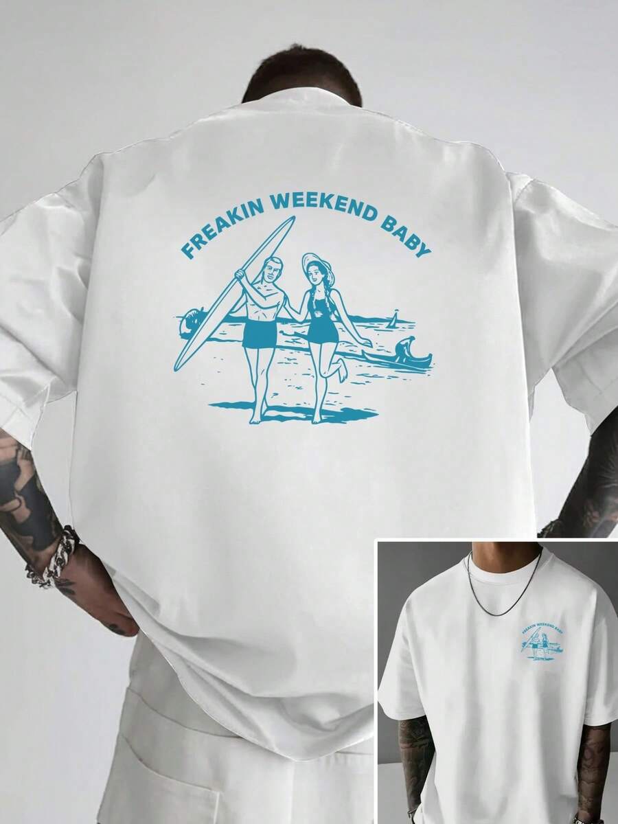 Camiseta de hombre con hombros caídos, adecuada para el surf de fin de semana y las vacaciones en la playa, con un diseño de estampado único, camiseta de hombre de corte holgado, ropa de hom - Blanco - Ver 1