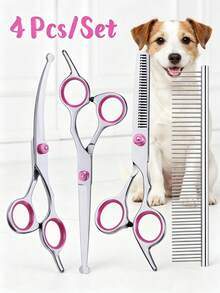 1-6Pcs Professional Round Tip Pet Grooming Scissors Set, Stainless Steel Serrated Thinning Shear & Double Sided Steel Comb With Storage Bag, Pet Grooming Scissors Set For Dogs And Cat - Pink - View 7