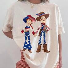 Official Disney Toy Story Woody And  Star-Spangled Print T-Shirt, American Independence Day Cartoon Casual Top A Must-Have For Everyday Outings - Apricot - View 1