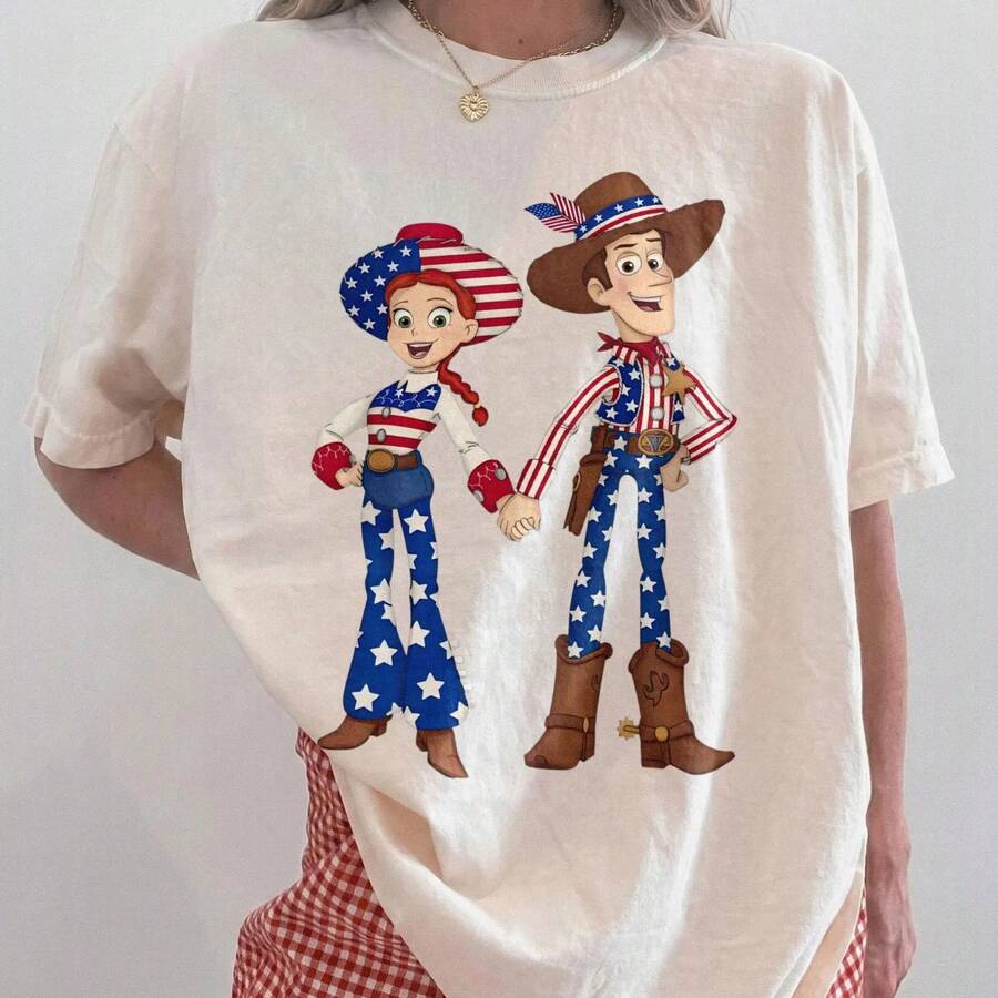 Official Disney Toy Story Woody And Star-Spangled Print T-Shirt, American Independence Day Cartoon Casual Top A Must-Have For Everyday Outings - Apricot - View 1