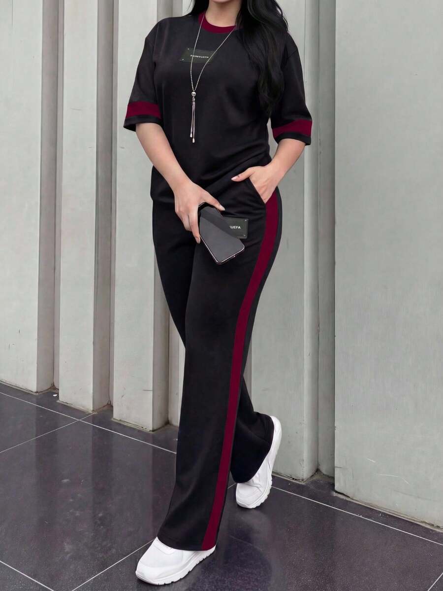 2 piezas Conjunto de camiseta de manga corta de cuello redondo y pantalones sueltos de cintura elástica para mujer, uso diario casual elegante de verano en color negro - Negro + Borgoña - Ver 1