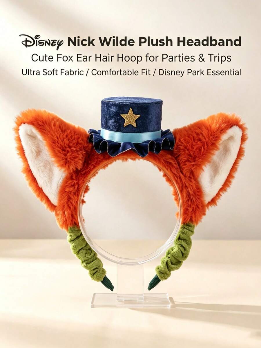 Disney Zootopia Nick Wilde Magician Fox Ears Plush Headband With Star Mini Top Hat, Soft Fluffy Headband, Suitable For Disney Park Trip, Party Cosplay - Coral Orange - View 1