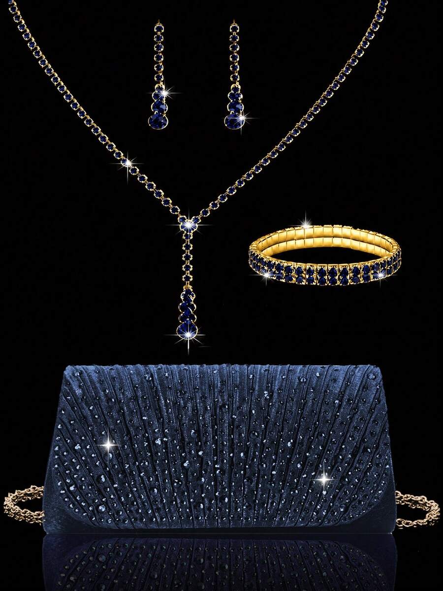 Bolsa Clutch de Noite com Strass Cintilante, Bolsa de Ombro Elegante para Mulheres, Bolsa de Casamento Luxuosa para Noivas, Acompanhada de Colar com Pingente de Strass Cintilante, Brincos, Pulseira, Acompanhada de Vestido de Casamento Cintilante, Vestido de Lantejoulas Brilhante, Adequado para Festas, Bailes, Reuniões, Casamentos - Azul Marinho - Visão 1