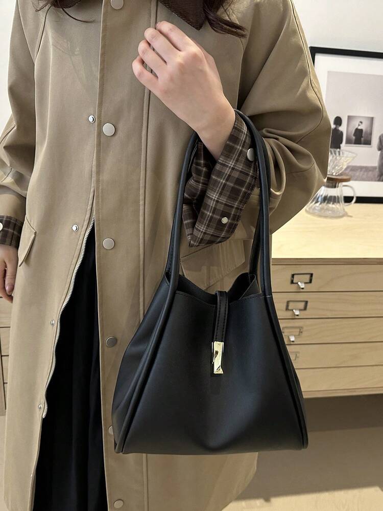 時尚極簡純色PU校園風托特包，單肩包，多功能手提包，適合女性購物、上班通勤、學生開學及日常使用 - 黑色 - 查看 6