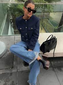 Women's Fall Winter Elegant Tweed Jacket, Navy Long Sleeve Cropped Coat, Chic Button Front Casual Outerwear - Navy Blue - View 11