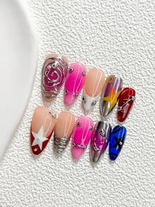 10pcs Avant-Garde Fashion Handmade Press-On Nails, Polygel Nail Art Set, Color Block Design With Lines And Star Elements, Red, Pink, Blue And Silver Nail Polish, Casual Style, Includes Nail Tools, 3 Sizes Available, Almond, Duck, Coffin Shape, Suitable For Party, Dancing, Daily Wear - 彩色 - 查看 17