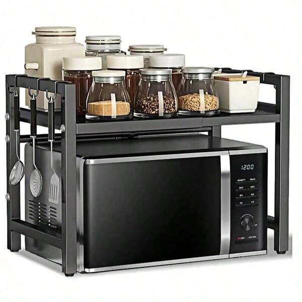 Expandable Microwave Shelf 2-Tier Microwave Stand With 6 Hooks Kitchen Organizer Rack Microwave Bakery Shelves For Worktop, Extendable From 40-64cm Black