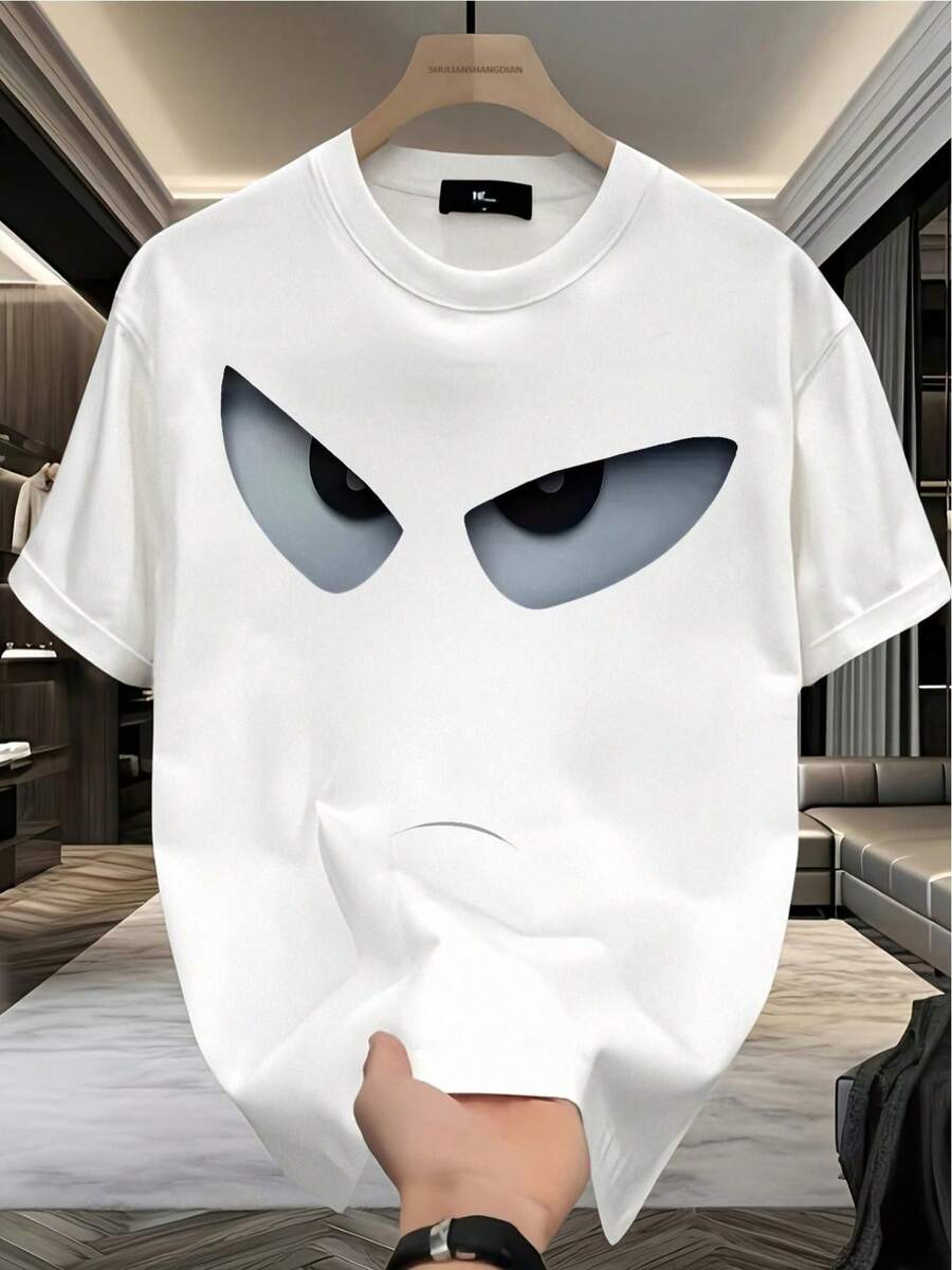Men's Cotton T-Shirt With Cartoon Eye Print, 180g, Round Neck, Short Sleeve, Sizes S-2XL, Casual Fashion, Modern Top - 白色 - 查看 1