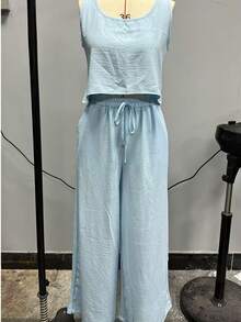 Fashionable Women's Solid Color Casual Cotton-Linen Camisole Top And Wide-Leg Pants Set - Black - View 8