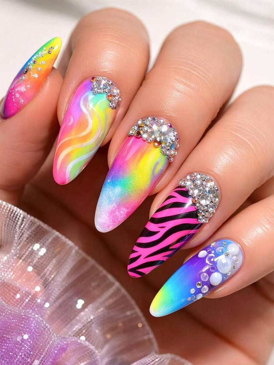 24PCS Press On Nails Medium Almond Shaped Colorful Gradient False Nails With Rhinestones Design Artificial Acrylic Nails Almond Stick On Nails Full Cover Coffin Nails Reusable On Nails For Women - 彩色 - 查看 1