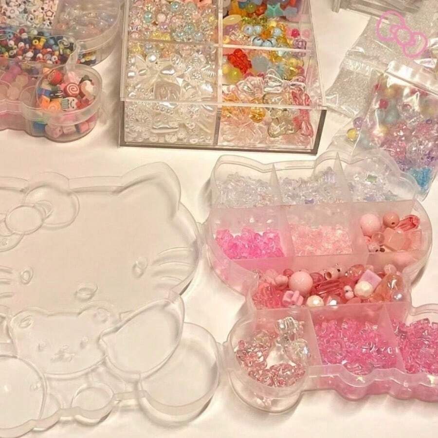 SANRIO 3件組 Hello Kitty 珠寶收納盒套裝,透明分格大容量珠飾收納盒,適合女孩、女性與兒童的完美禮物,可愛卡通角色設計展示盒 - 彩色 - 查看 1