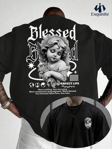 Men's Casual T-Shirt With Double-Sided Print, Black And White Angel Design, 100% Polyester, Stylish Casual Crew Neck Top, Men's Spring Clothing - 黑色 - 查看 1