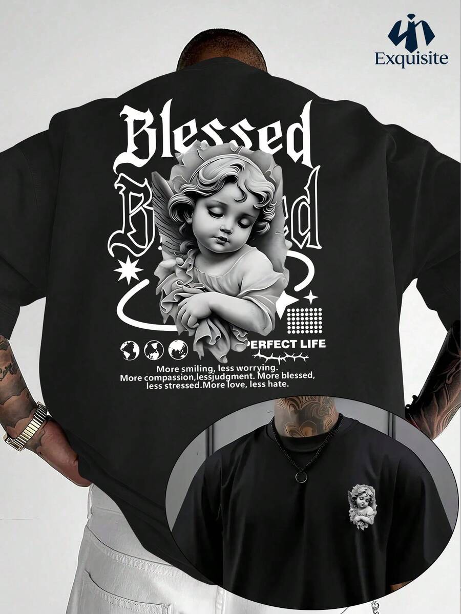 Men's Casual T-Shirt With Double-Sided Print, Black And White Angel Design, 100% Polyester, Stylish Casual Crew Neck Top, Men's Spring Clothing - 黑色 - 查看 1