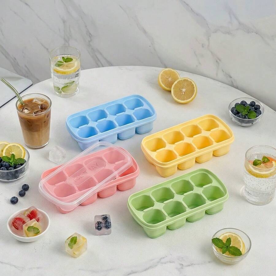 1/2/4pcs 8 Grids Plastic Ice Mold With Lid, Reusable Fruit & Beverage Ice Tray, Beer Refrigeration Tool, Suitable For Refrigerator Ice Maker In Kitchen, Restaurant,Bar