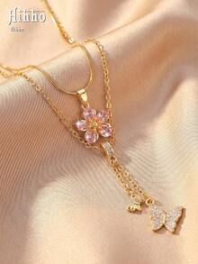 Hihho 2pcs European And American Style Pink Flower & Butterfly Y-Necklace, Double Layer Fine Chain Luxury Beach Vacation Necklace, Suitable For Beach Vacation, Date Afternoon Tea, Poolside Outfit, Short Trip, Daily Commute - Clavicle Chain - View 2