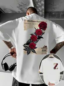 % algodón de doble cara, camiseta de hombre para otoño e invierno, casual y elegante, que absorbe la humedad, estampada con motivos de periódico y rosas rojas, lavable aáquina, camiseta - Blanco - Ver 1