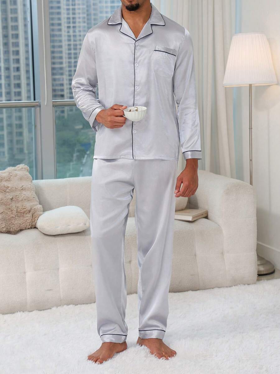 Men Luxury Satin Contrast Piping Long Sleeve Pajama Set, Button Front Lounge Set