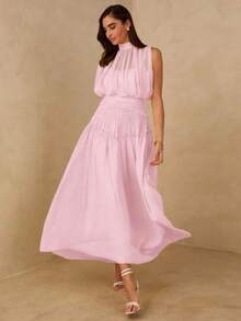 Vestido de gasa plisado sin mangas con cuello mao y espalda descubierta de unicolor - Rosa Pálido - Ver 1