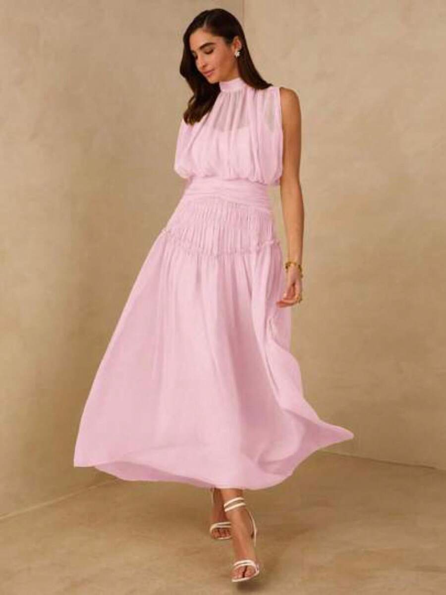 Vestido de gasa plisado sin mangas con cuello mao y espalda descubierta de unicolor - Rosa Pálido - Ver 1