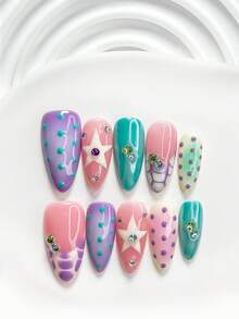 10Pcs Dopamine Style Handmade Press On Nail,Polygel Nail Set,Colorful Rhinestone Accents,Purple And Green Nail Polish,Stylish Style,Includes Nail Tools,3 Sizes Available,Square,Short Square,Almond,Nails For Party,Dance,Daily Wear. - 彩色 - 查看 12