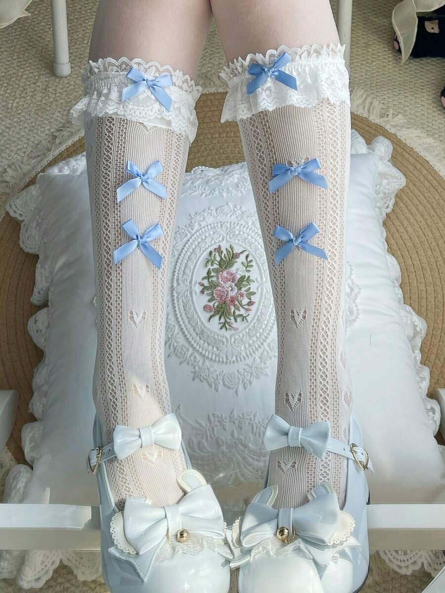 1 Pair Girls Spring/Summer Thin Lace Trim Multi-Bow Lolita JK Sweet Fishnet Socks - Multicolor - View 1