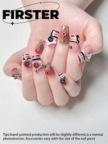 10 piezas de uñas postizas cuadradas de longitud media-corta hechas a mano, uñas falsas con degradado rosa & marrón a cuadros, decoración con botón, alfiler de , lazo & strass, uñas acrílicas brillantes reutilizables - Multicolor - Ver 4