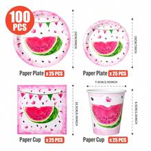 100/25/10pcs Pink Heart Melon Pattern Disposable Plates, Napkins, Cups, Disposable Party Supplies Set, Suitable For 25 Guests, Disposable Paper Plates Party Tableware Suitable For Birthday, Wedding, Theme Party, Family Picnic - Style 1 - View 7