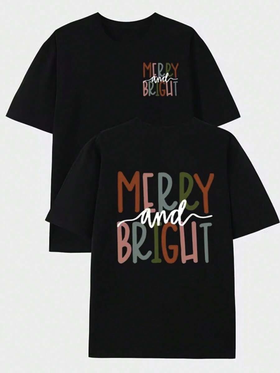 Camiseta de hombre% algodón, estampada por ambos lados, con un patrón de texto festivo que dice Joyful and Bright, combinando colores rojo, verde y blanco, de manga corta, cuello redon - Negro - Ver 1