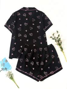 Heart Print Plus Size Women Bubble Crinkle Short Sleeve Shorts Pajama Set - Black - View 9